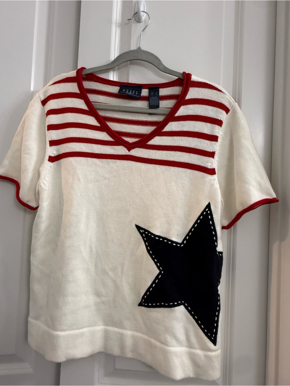 Crazy Horse Stars & Stripes Short Sleeve Sweater Star Knit Top Classic Cozy XL